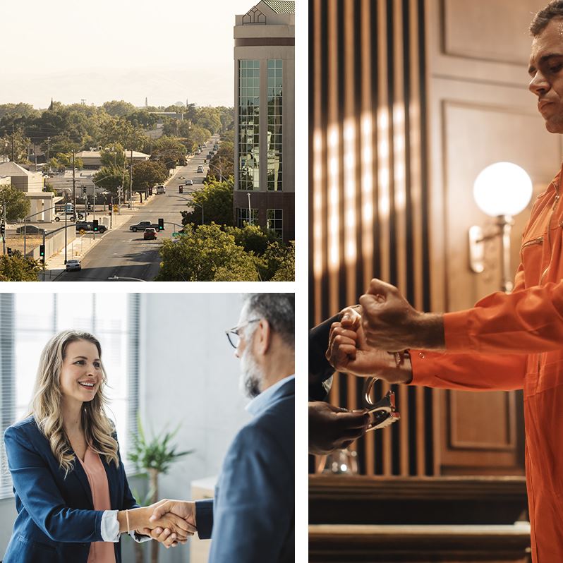 Modesto courthouse, attorney with criminal being uncuffed after arrest and defense